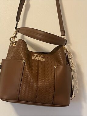 Steve Madden Brown Woven Shoulder Bag with Gold Hardware